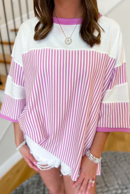 Pink striped 3/4 sleeve blouse