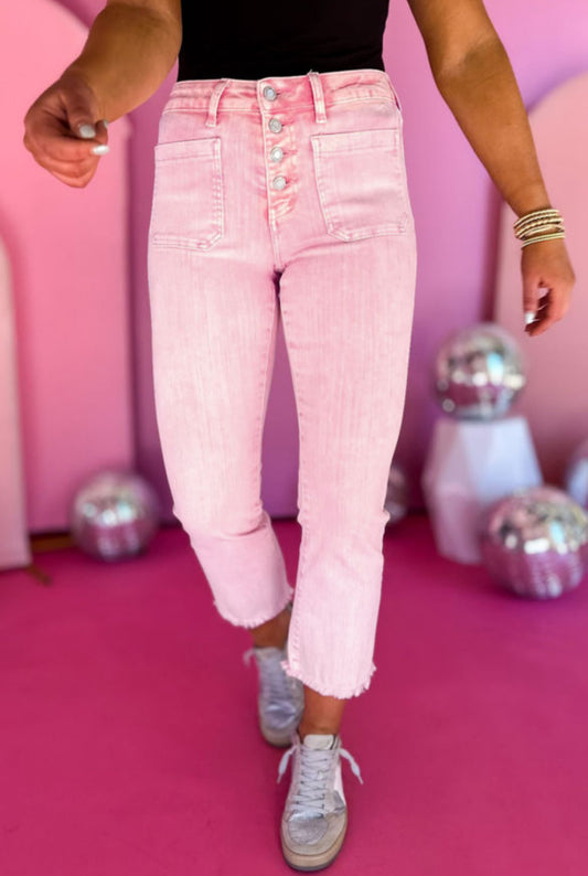 Pink raw edge cropped jeans