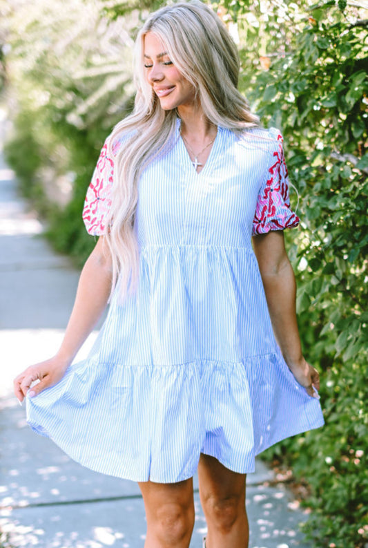 Blue striped embroidered puff sleeve dress