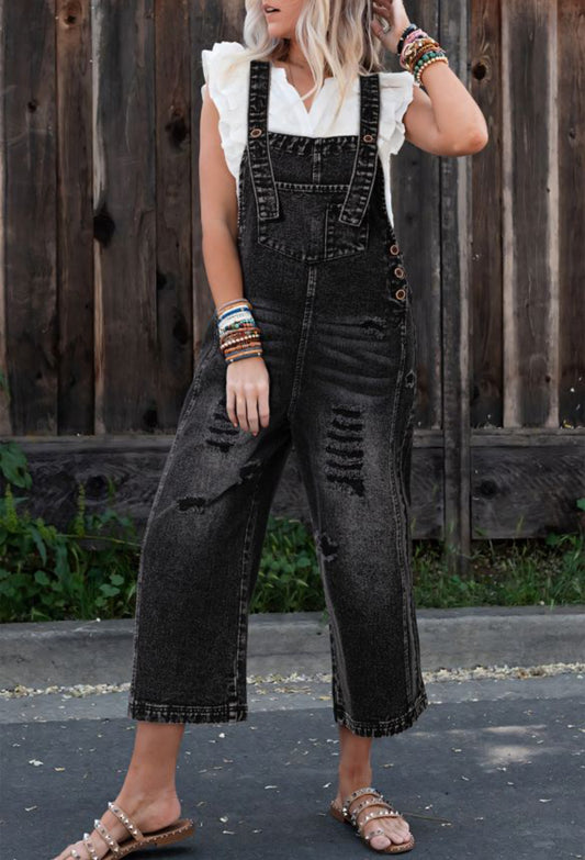 Black distressed overalls