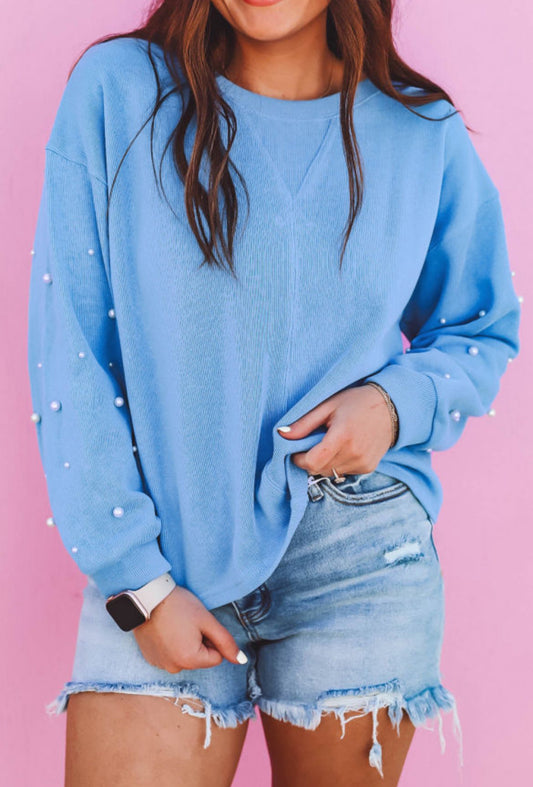 Blue corded pearl sleeve sweater