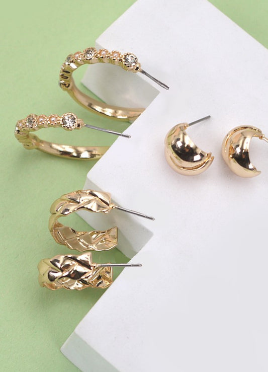 Set of 3 gold earring sets