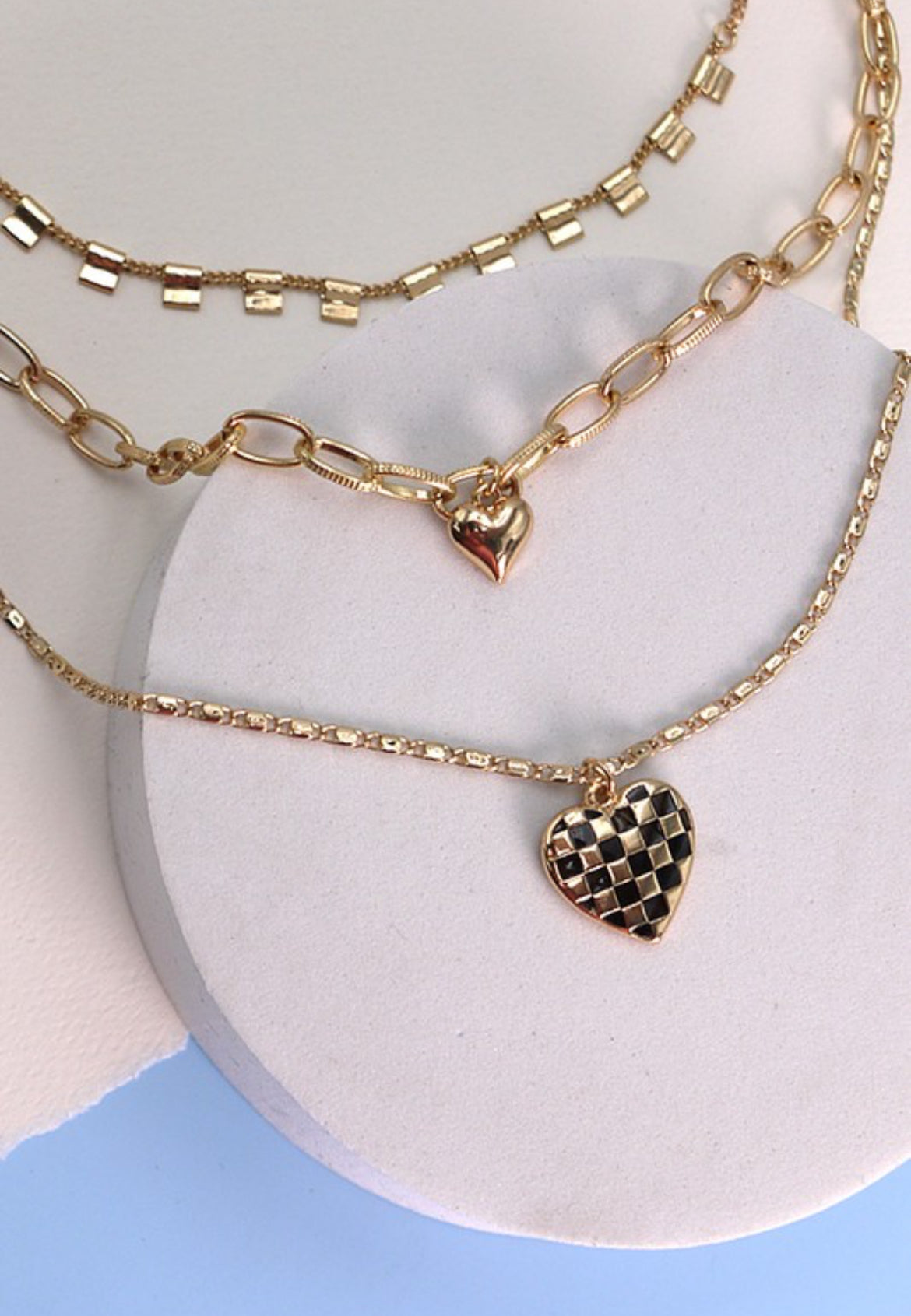 Triple layer checkered heart necklace