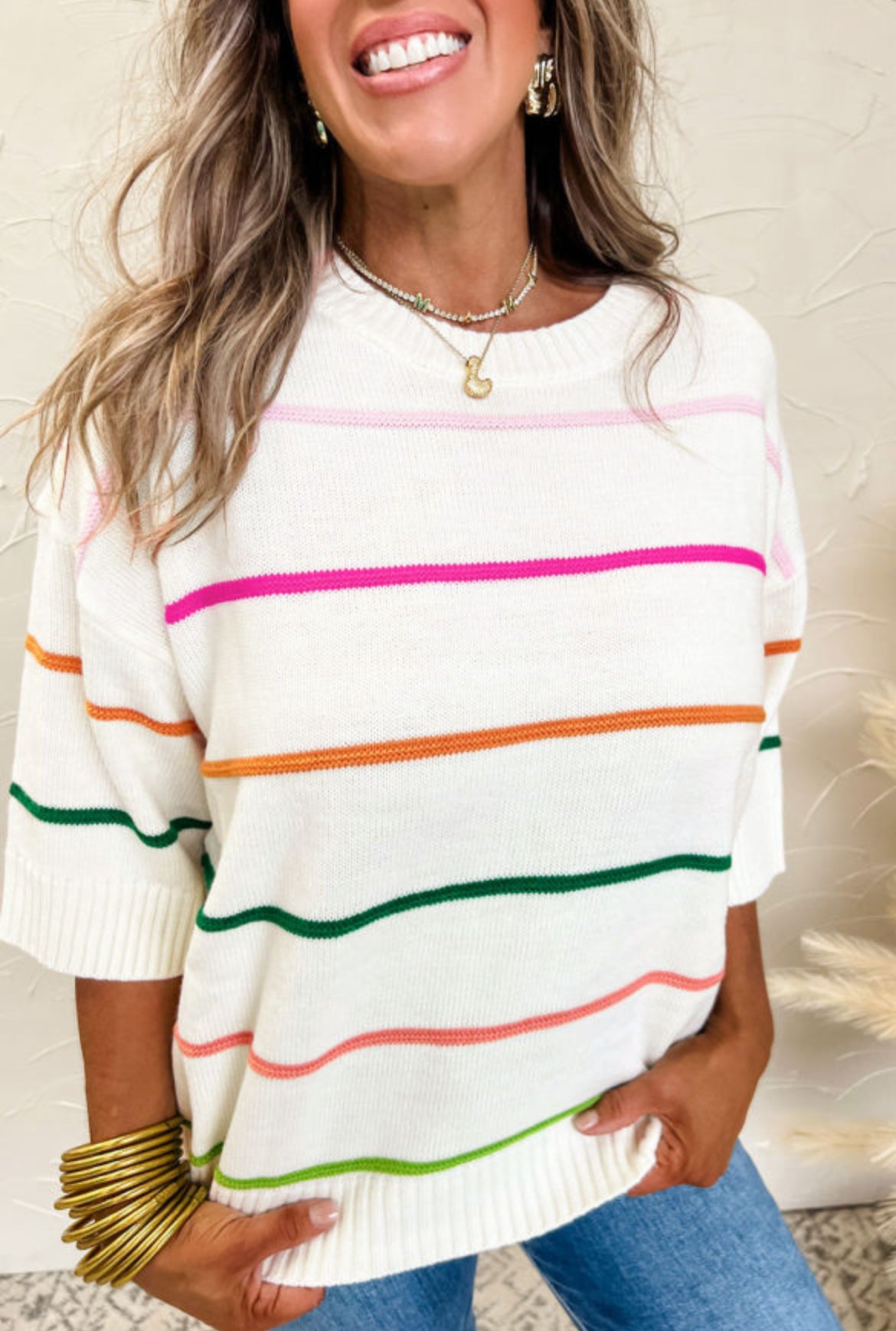 Striped half sleeve sweater