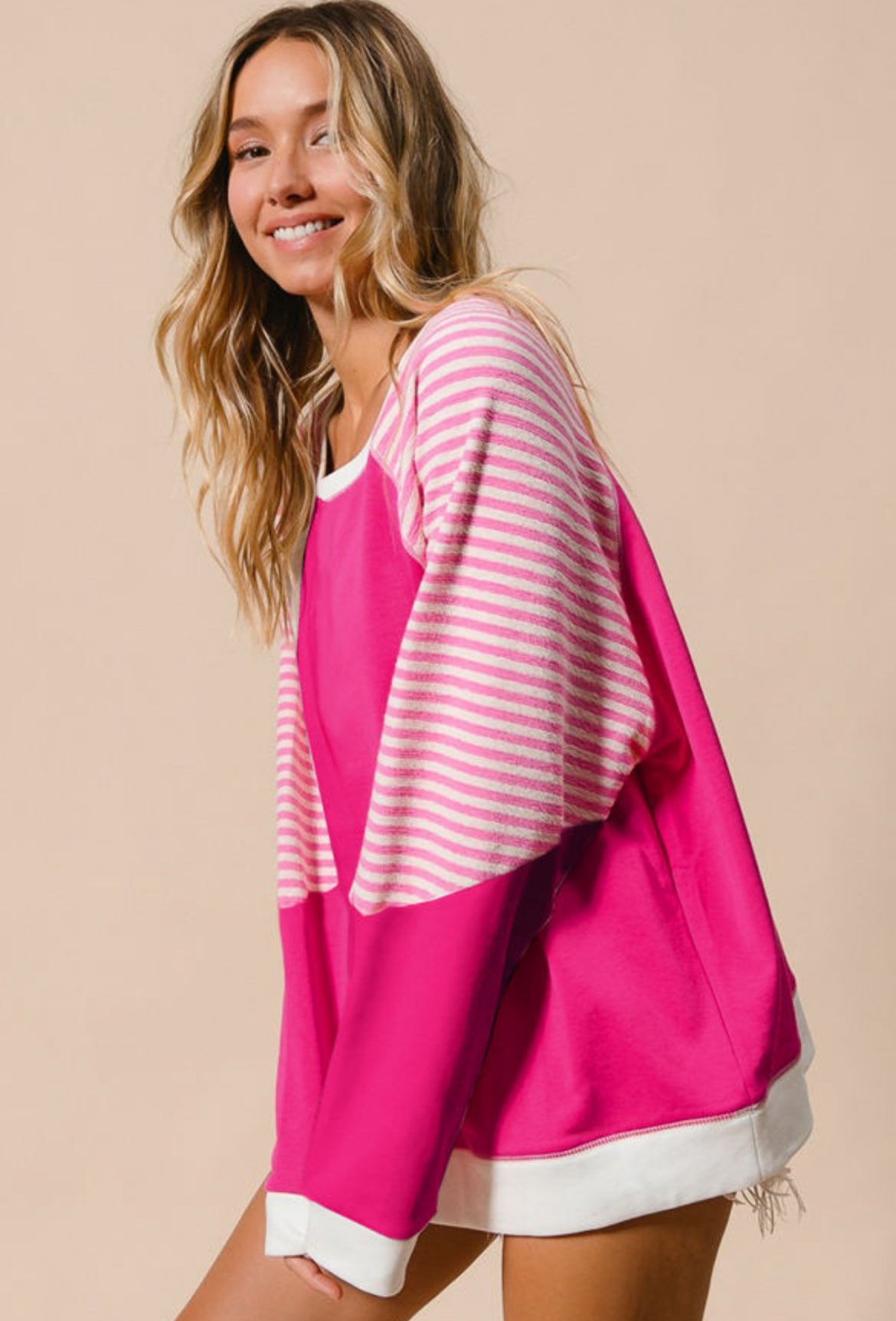 Pink striped patchwork sweatshirt