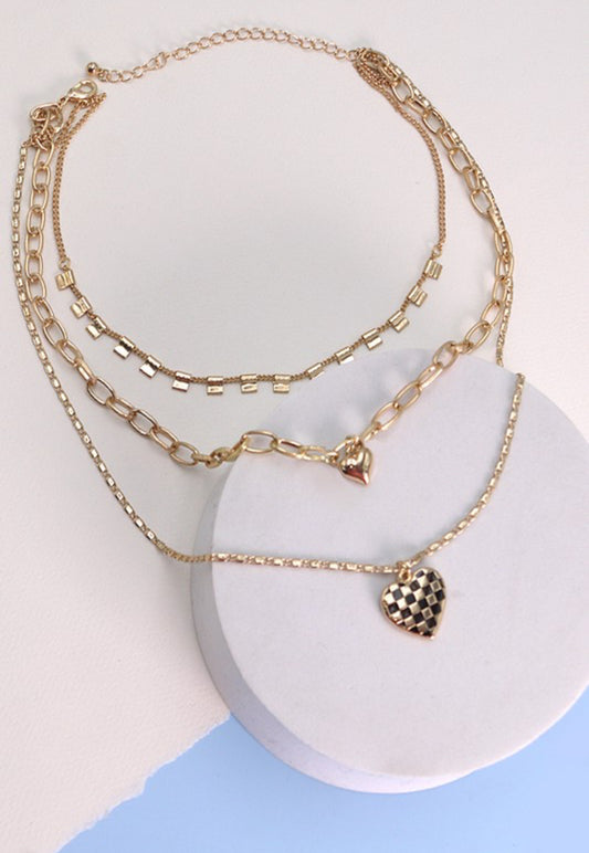 Triple layer checkered heart necklace