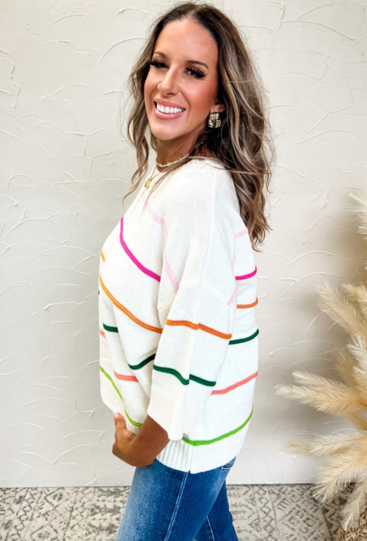 Striped half sleeve sweater