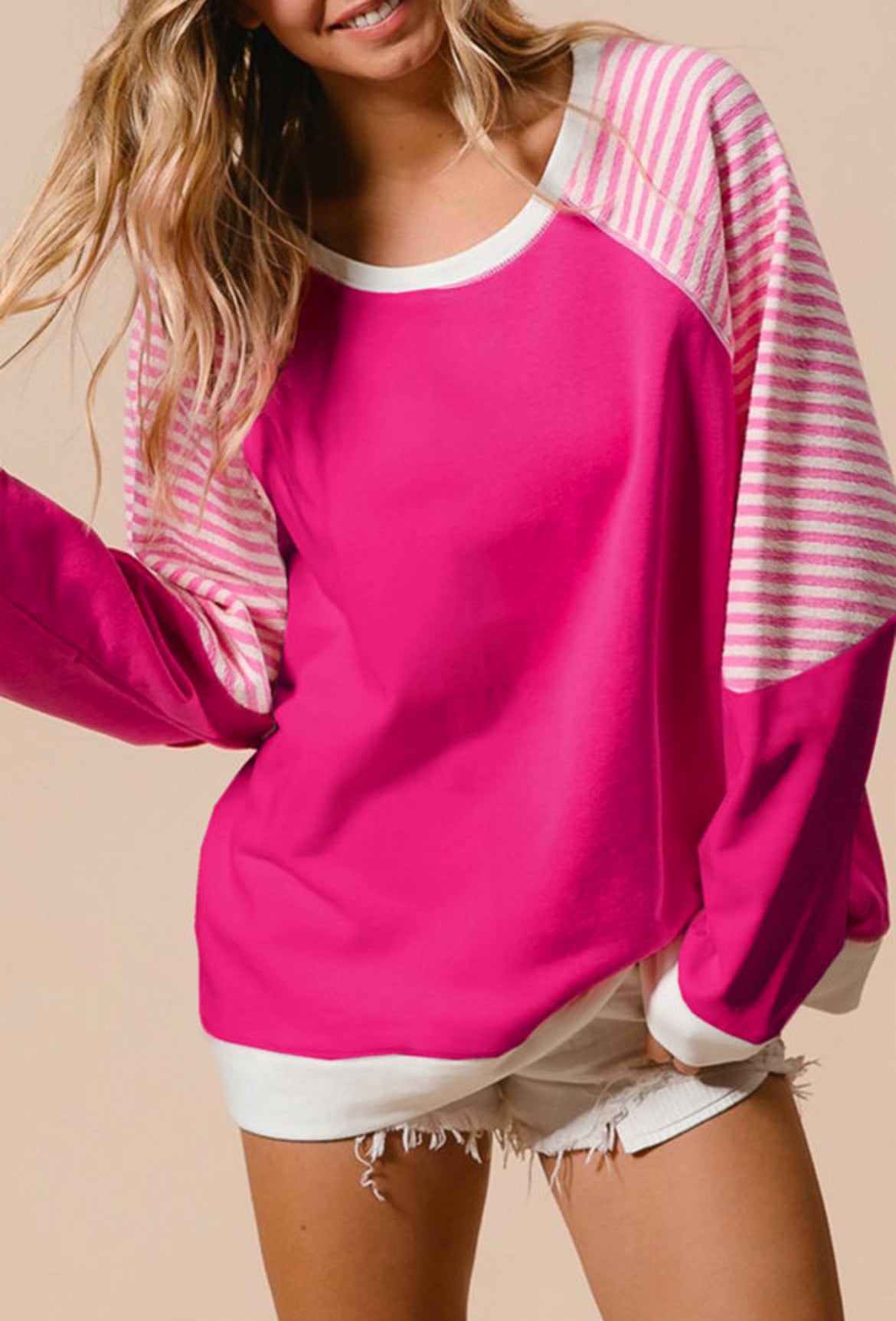 Pink striped patchwork sweatshirt